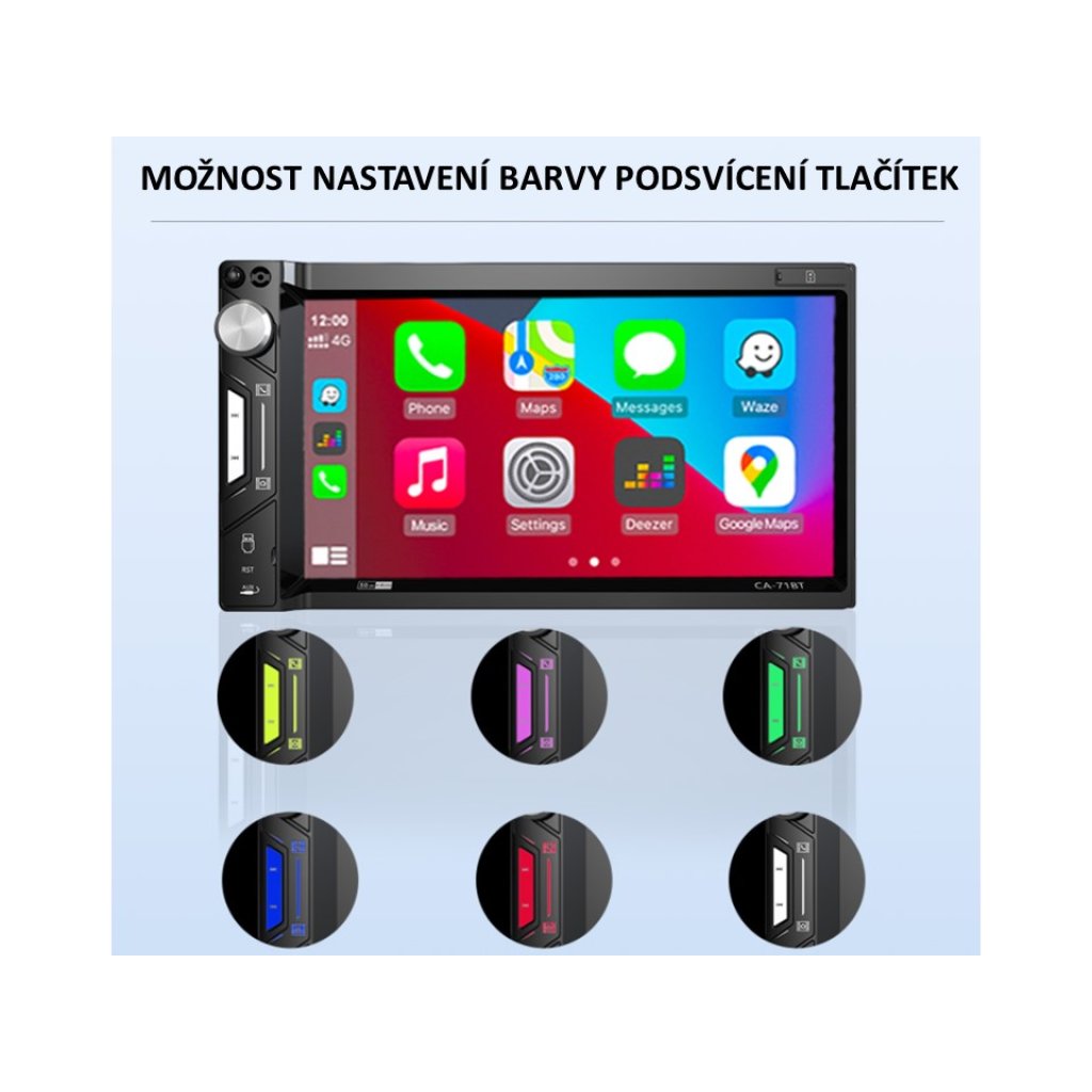 2DIN autorádio s 6,9" LCD, CarPlay, Android Auto, Bluetooth, USB, microSD, multicolor
