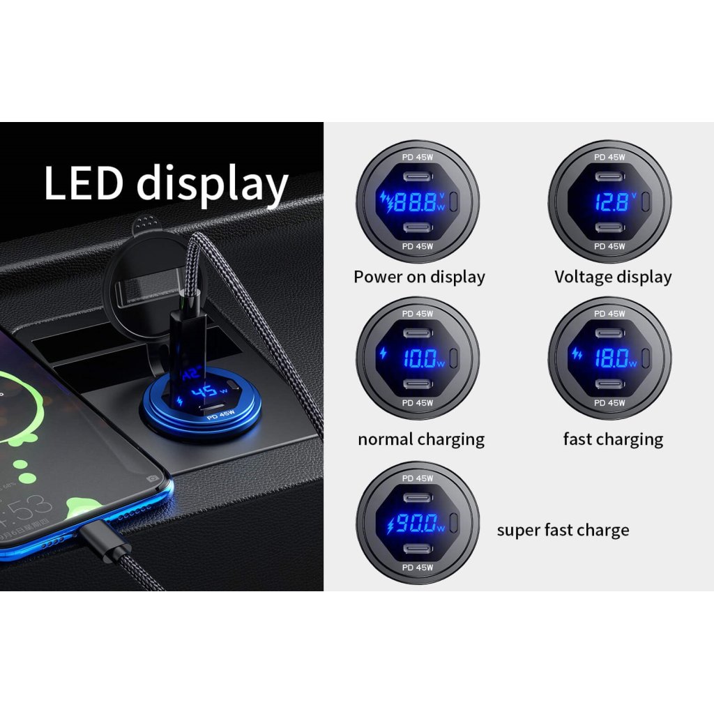 2x USB-C nabíječka s voltmetrem/wattmetrem, hliníková do panelu, 90W
