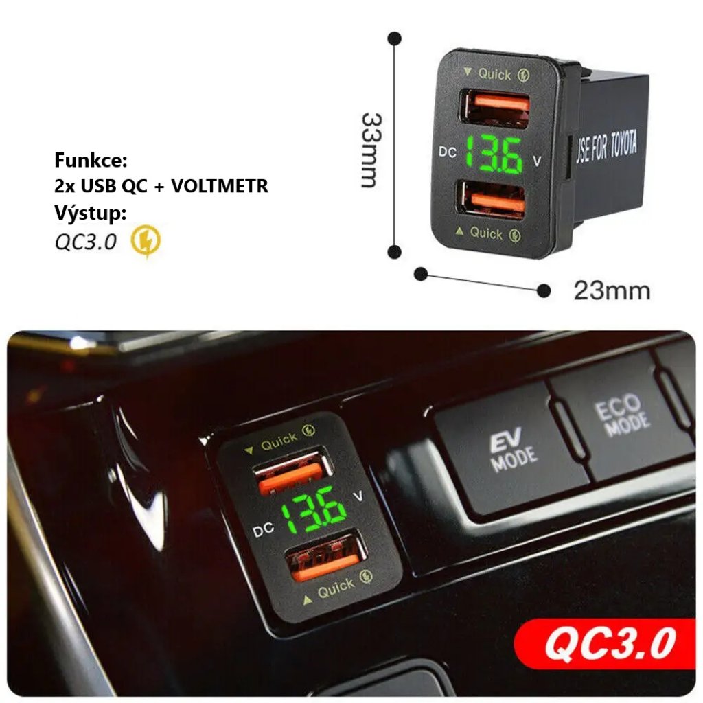 2x USB nabíječka QC3.0 s voltmetrem do Toyota