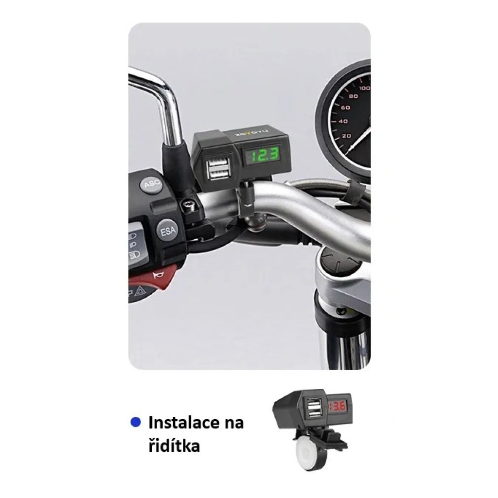 2x USB nabíječka s voltmetrem na motocykl, zelený displej