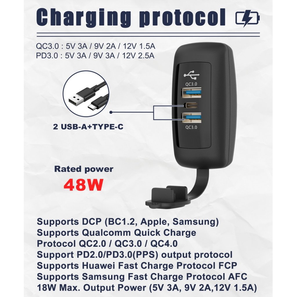 2x USB QC3.0 + USB-C PD3.0 zásuvka 12/24V, montáž na povrch