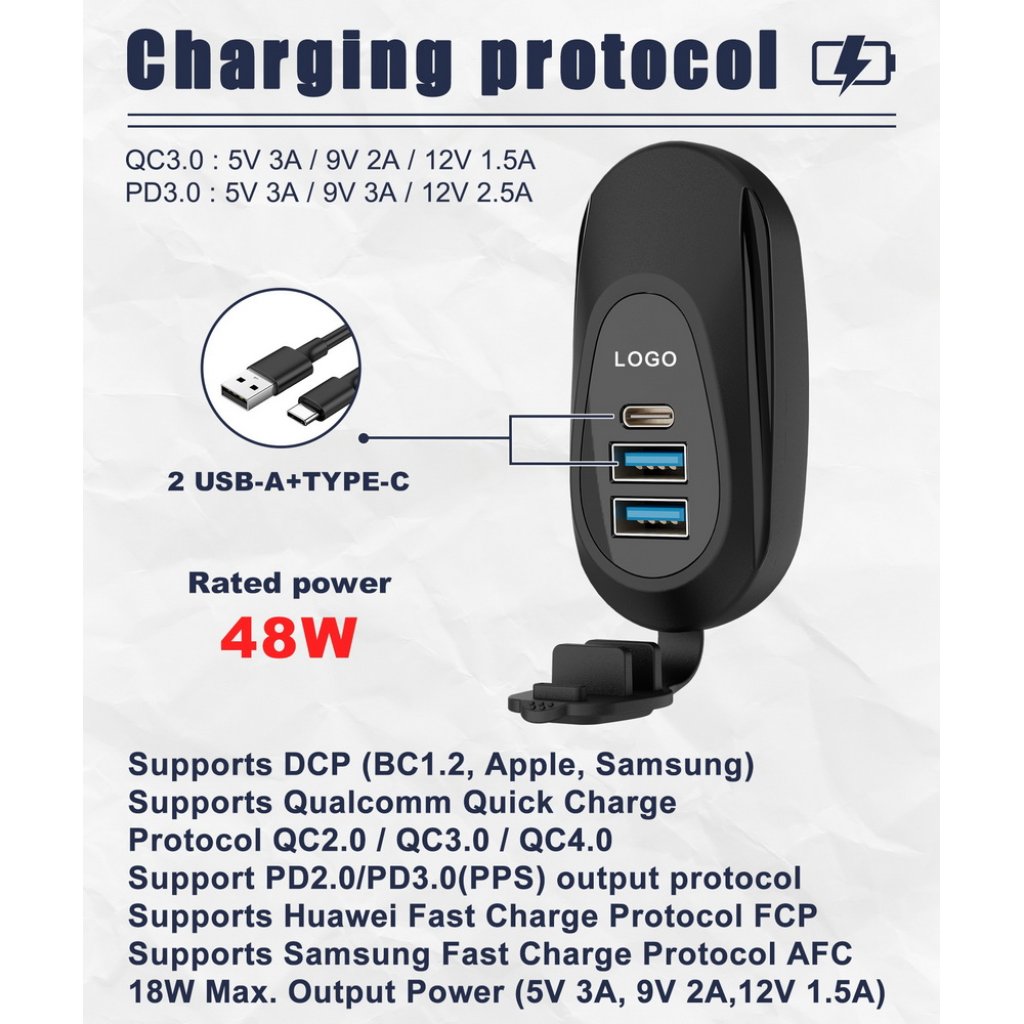 2x USB QC3.0 + USB-C PD3.0 zásuvka 12/24V, montáž na tyč