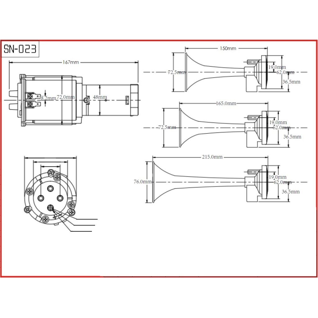 3-tónová fanfára 220mm, 12V červená s kompresorem ECE R28