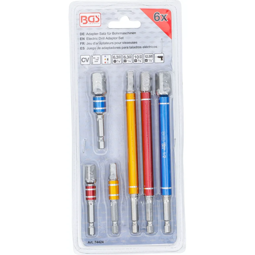 Adaptéry do vrtačky, sada 6 ks, barevné, 1/4", 3/8" a 1/2" - B74424