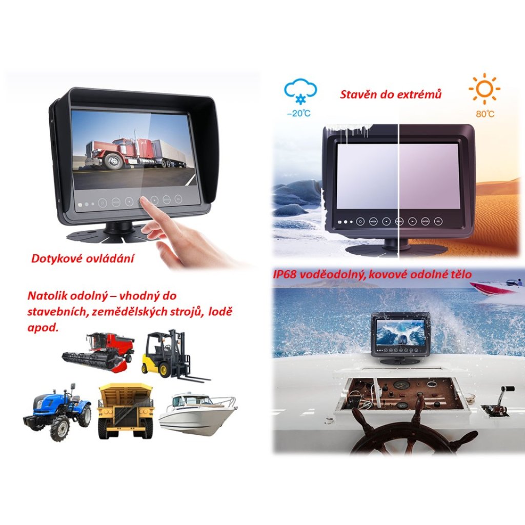 AHD set Monitor 7" prachotěsný/voděodolný/nárazu odolný, 2x4PIN vstup + kamera + 15m kabel