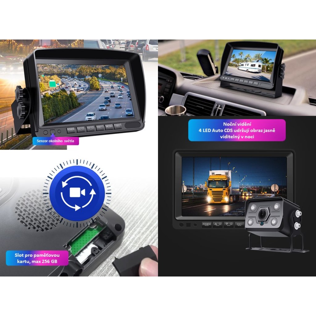AHD set monitor 7" s 2 x 4PIN vstup, DVR, kamera, 15m kabel, CZ menu