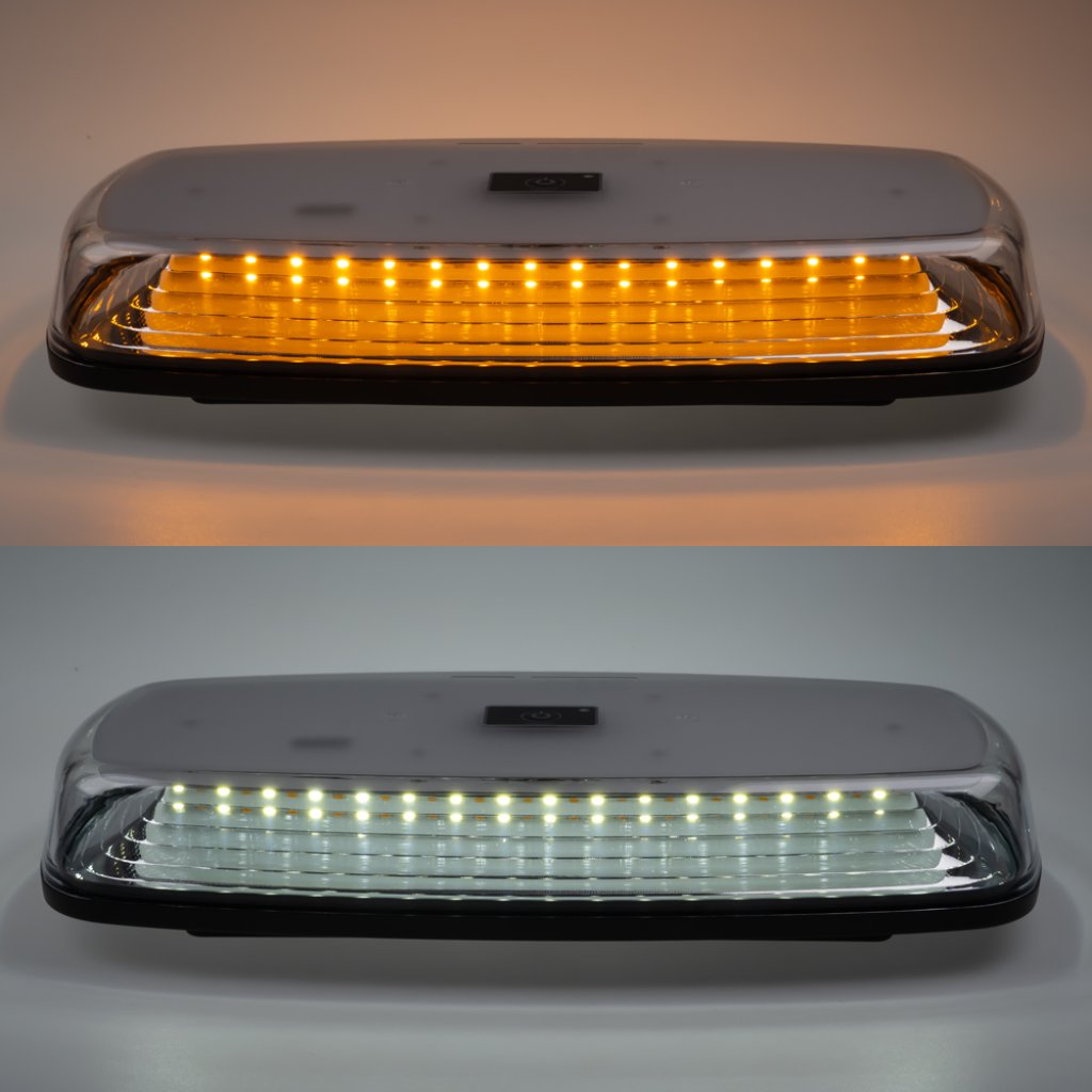 AKU LED rampa oranžová+bílá, 84LEDx0,5W, magnet, 12-24V, 304mm, ECE R65 R10