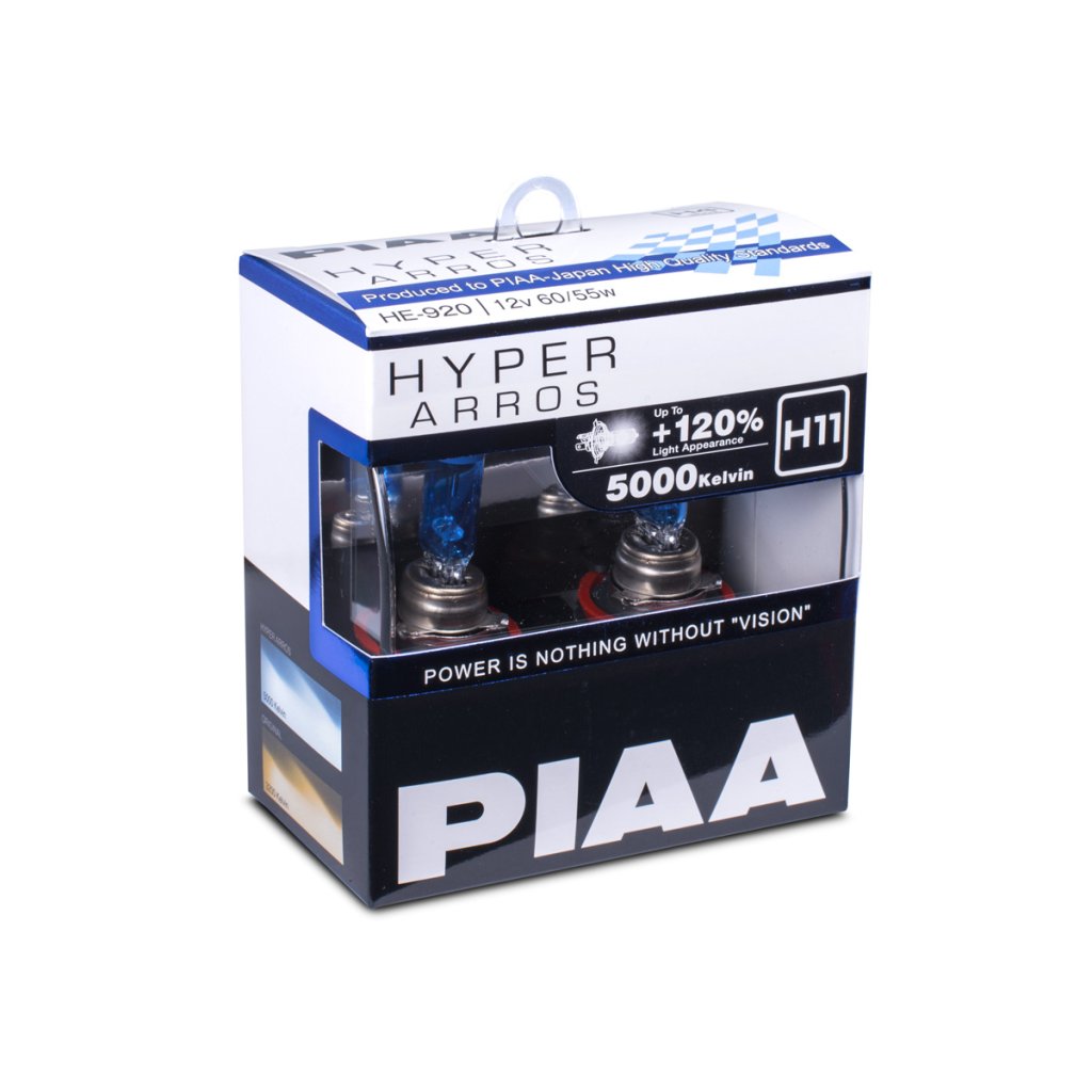 Autožárovky PIAA Hyper Arros 5000K H11 - o 120 % vyšší svítivost, jasně bílé světlo o teplotě 5000K