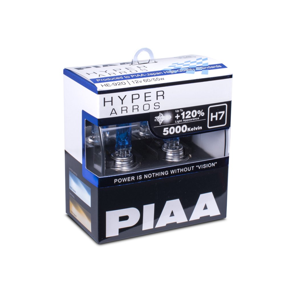 Autožárovky PIAA Hyper Arros 5000K H7 - o 120 % vyšší svítivost, jasně bílé světlo o teplotě 5000K