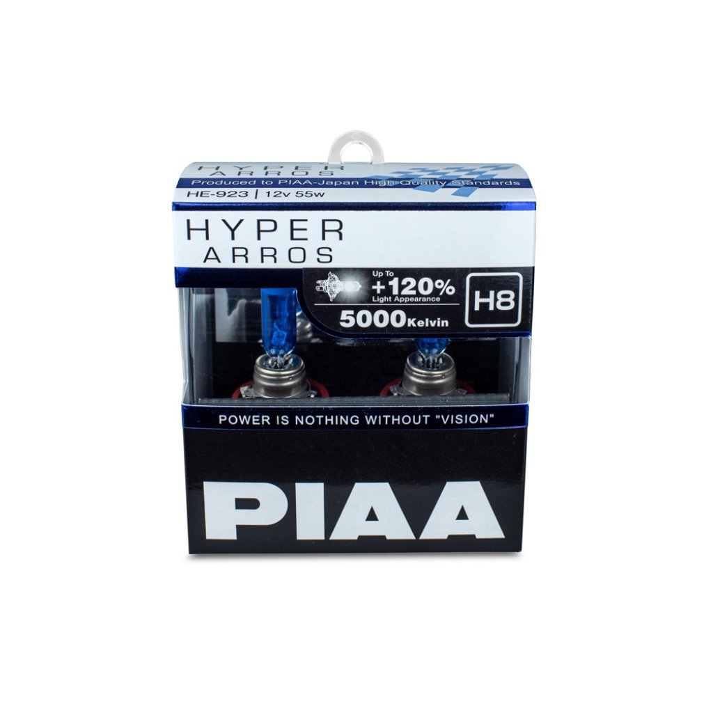 Autožárovky PIAA Hyper Arros 5000K H8 - o 120 % vyšší svítivost, jasně bílé světlo o teplotě 5000K