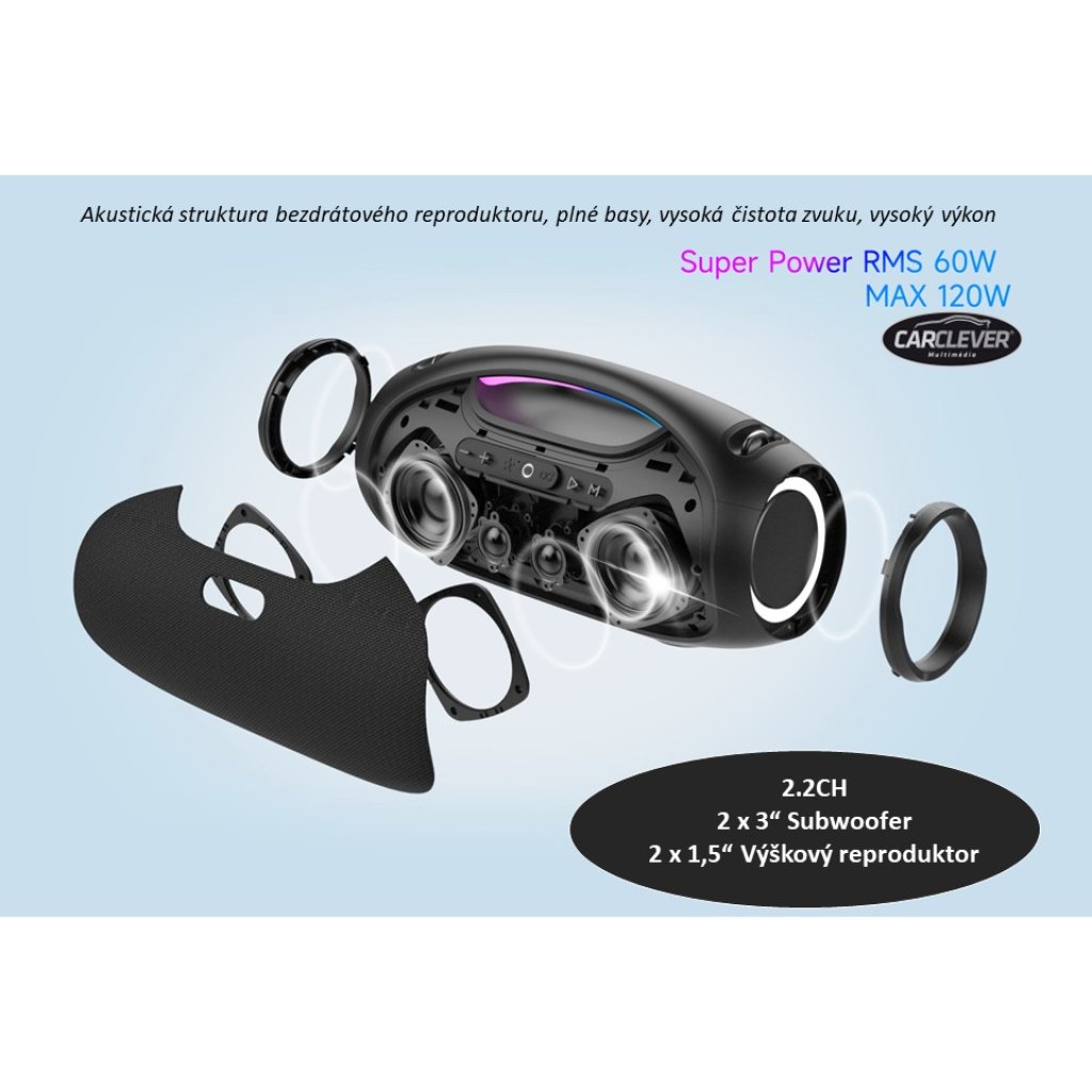 CARCLEVER bezdrátový Bluetooth reproduktor, voděodolný IPX6, USB, AUX, MIC, RGB