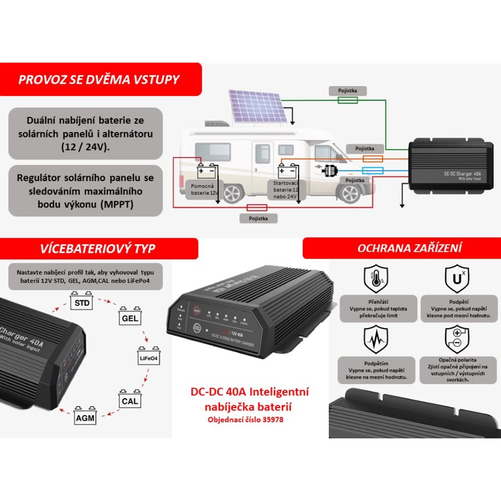 DC-DC 40A Inteligentní nabíječka pro nabíjení sekundární (druhé) baterie ve voze + solární vstup