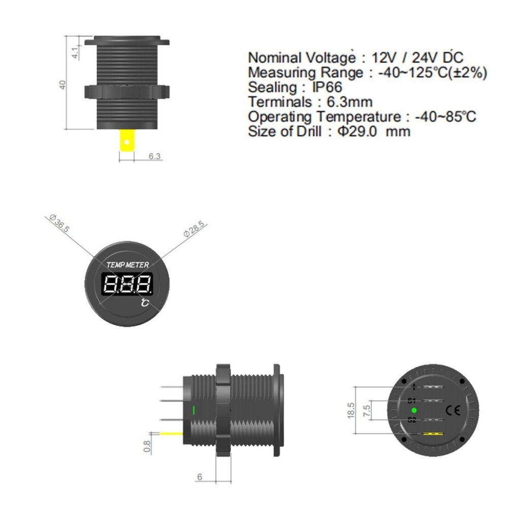 Digitální teploměr 12/24V modrý