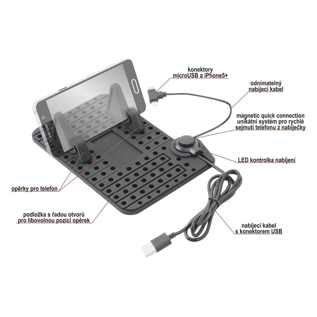 Držák telefonu s podložkou a kabelem micro USB/Apple, 06259