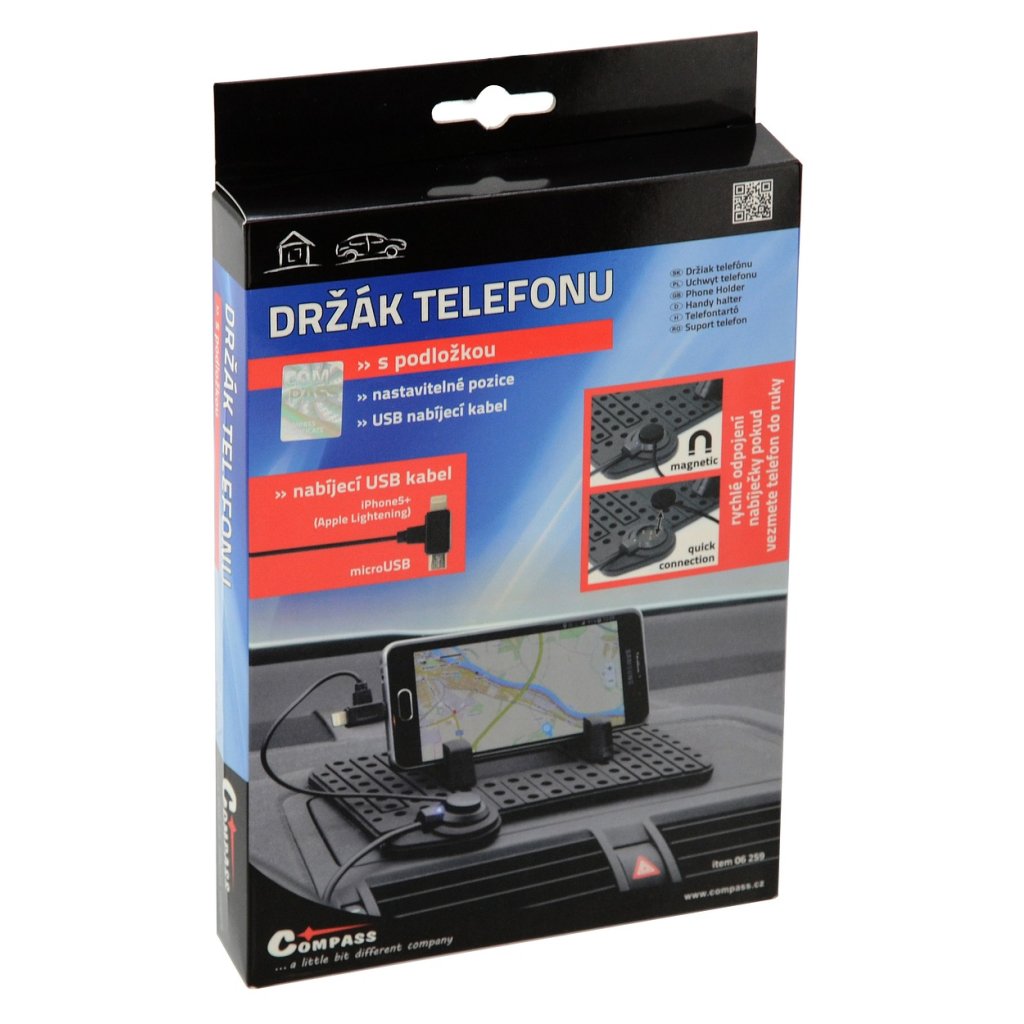 Držák telefonu s podložkou a kabelem micro USB/Apple, 06259