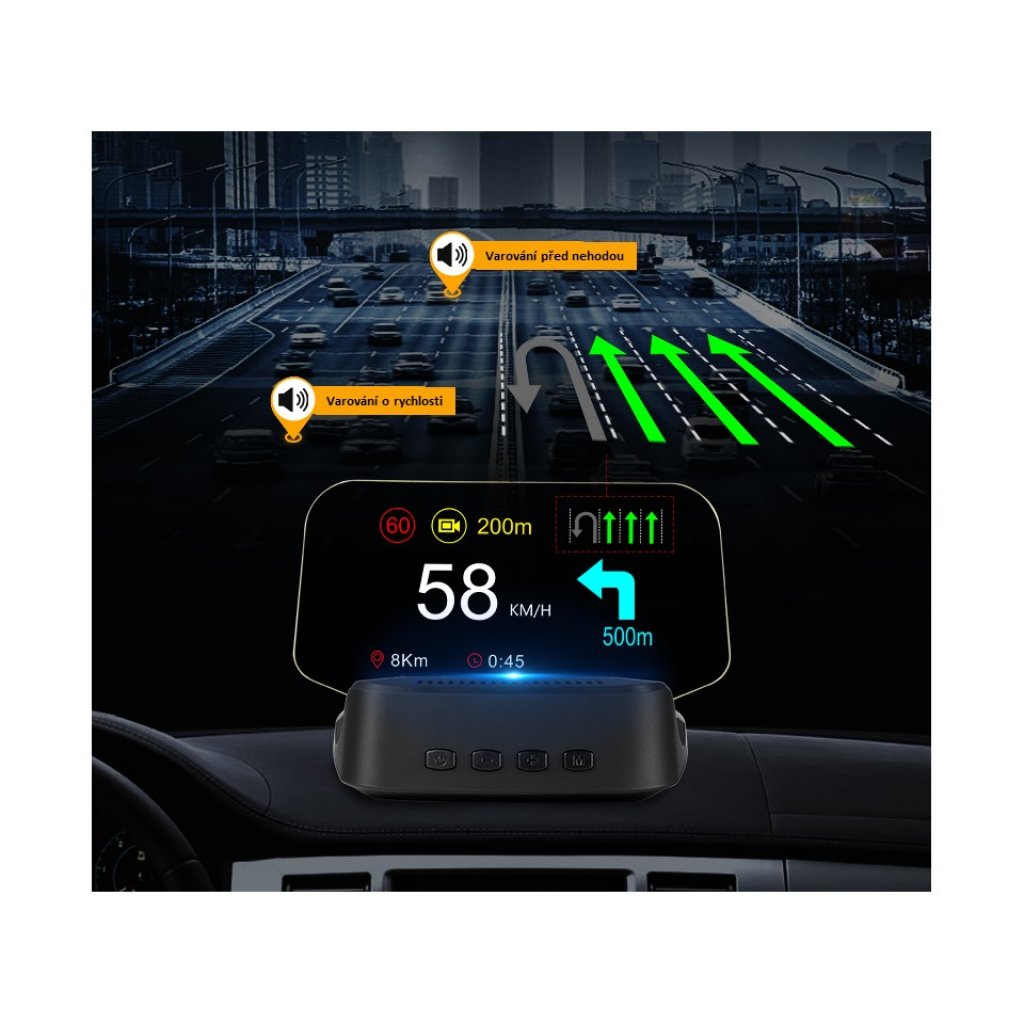HEAD UP DISPLEJ 4" / TFT LCD, OBDII + GPS + navigační, reflexní deska