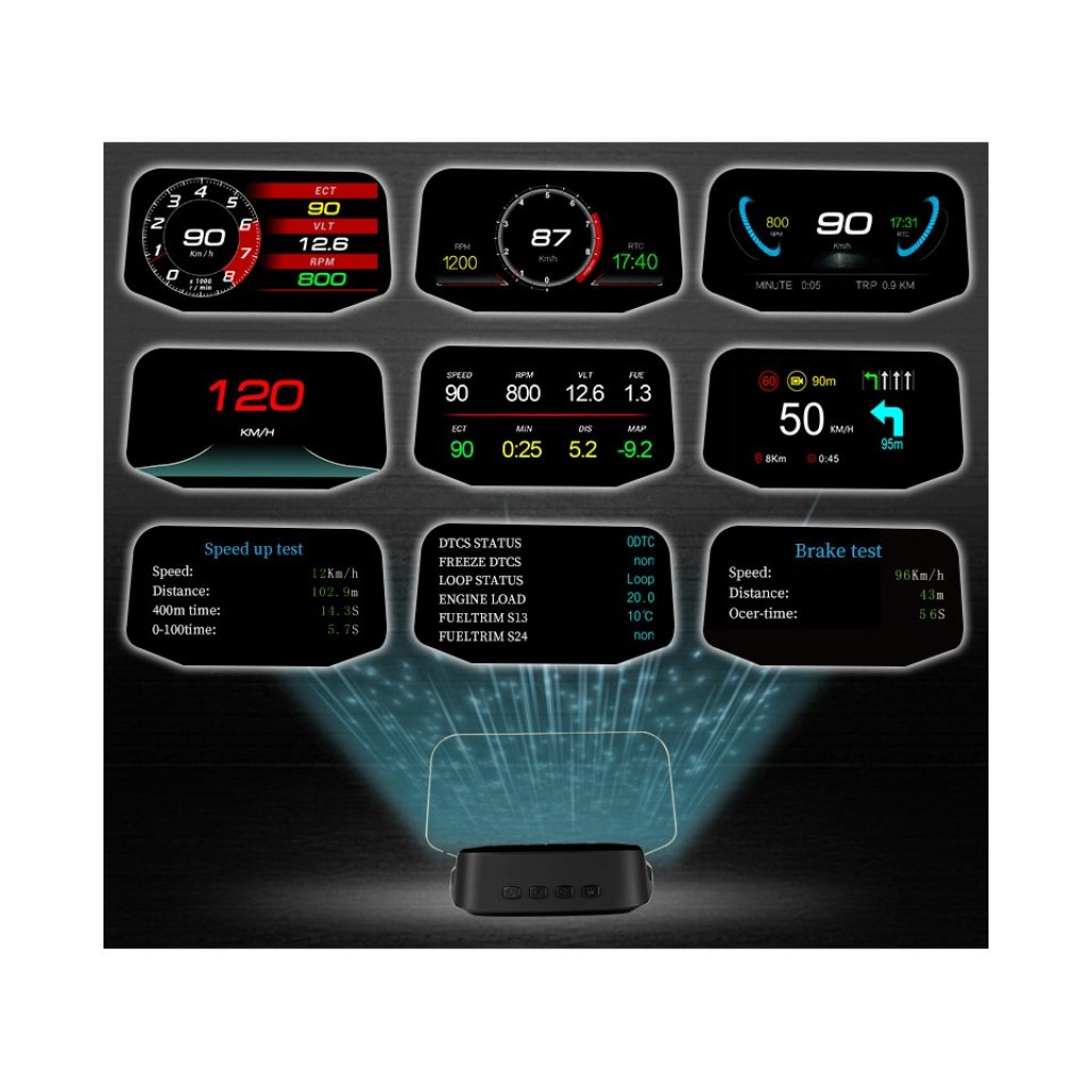 HEAD UP DISPLEJ 4" / TFT LCD, OBDII + GPS + navigační, reflexní deska