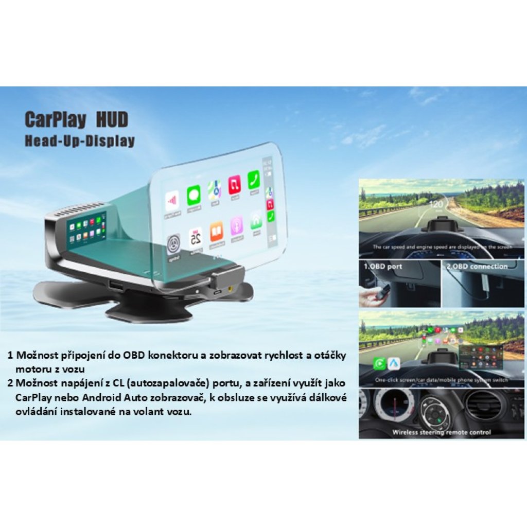 HEAD UP DISPLEJ se zobrazením CarPlay + Android Auto, reflexní deska