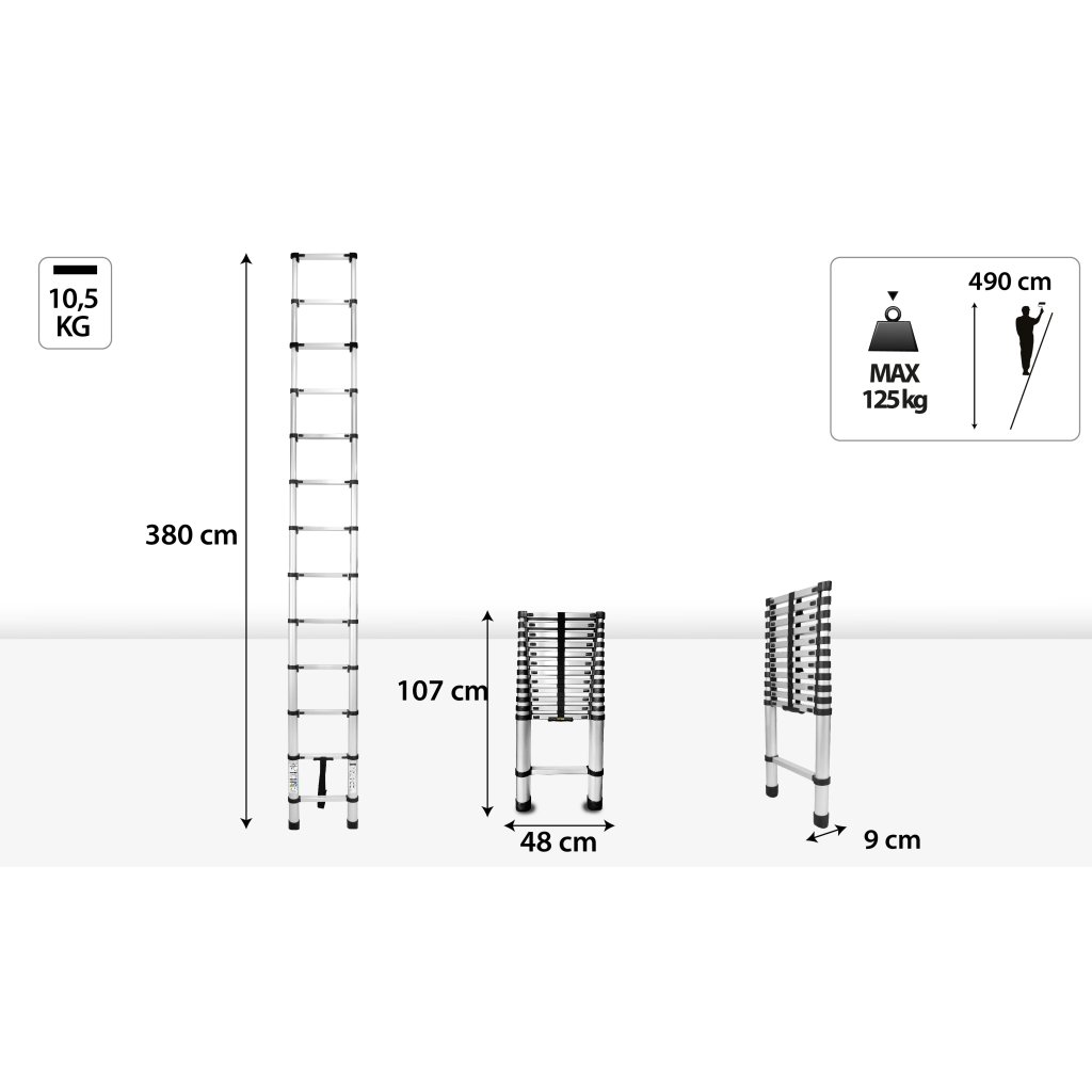 Hliníkový teleskopický žebřík, 13 stupňů, 3,8 m, max. zátěž 125 kg