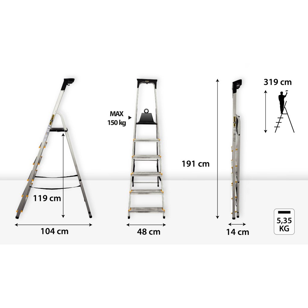 Hliníkový žebřík s policí, 6 stupňů, 3,19m, max. zátěž 150 kg