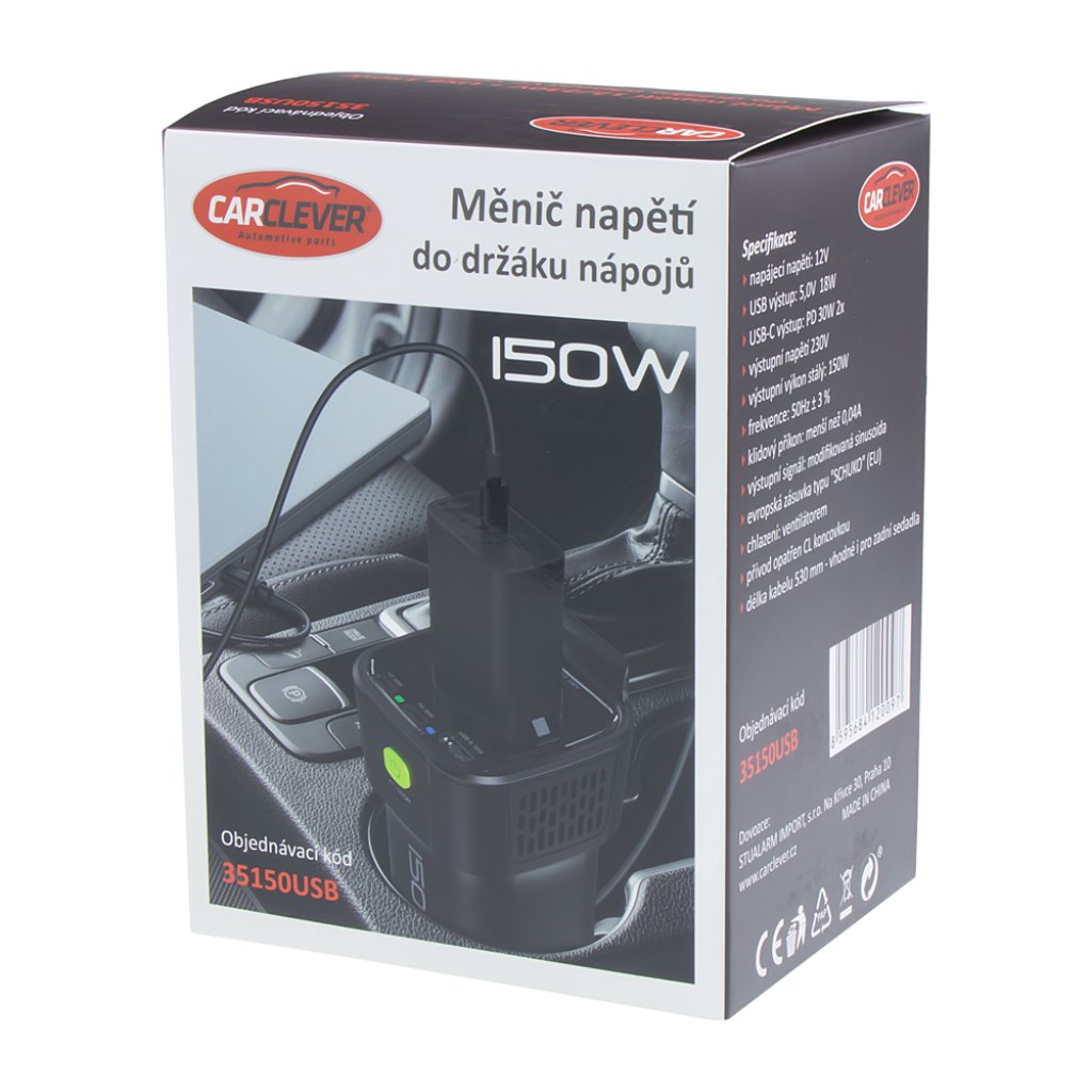 Interiérový měnič napětí z 12/230V/USB 150W do držáku nápojů