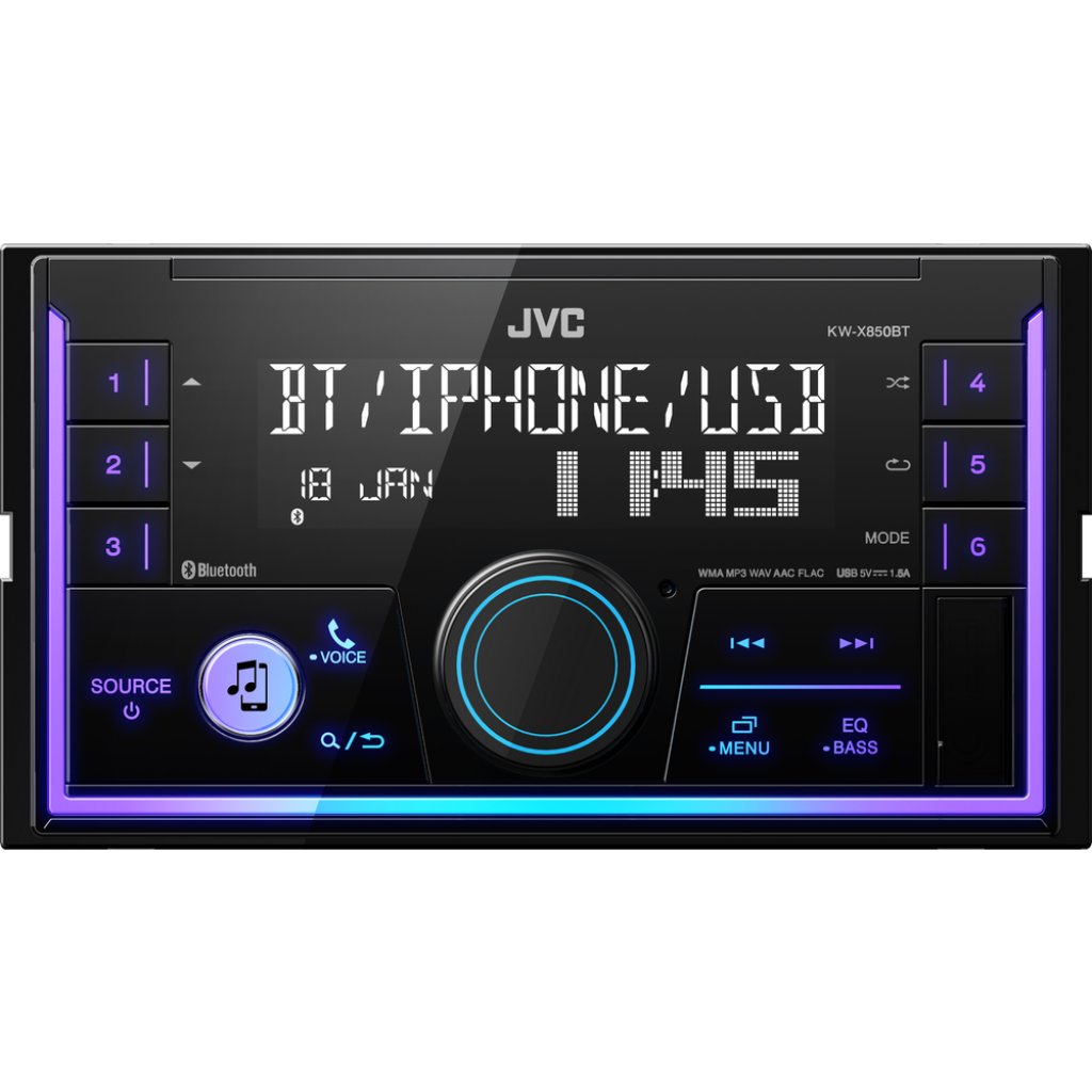 JVC 2DIN autorádio bez mechaniky/Bluetooth/USB/AUX/Multicolor