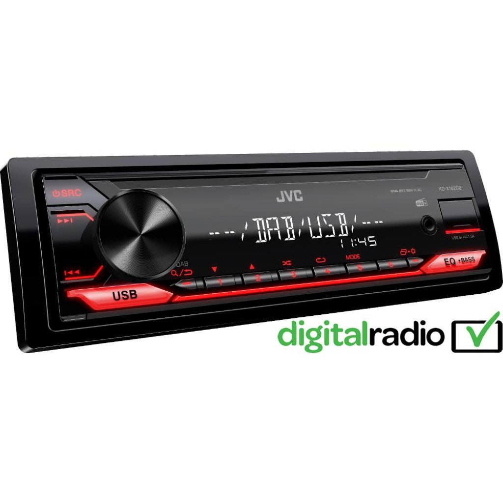 JVC DAB+ / FM autorádio bez mechaniky/USB/AUX/červené podsvícení/odnímatelný panel