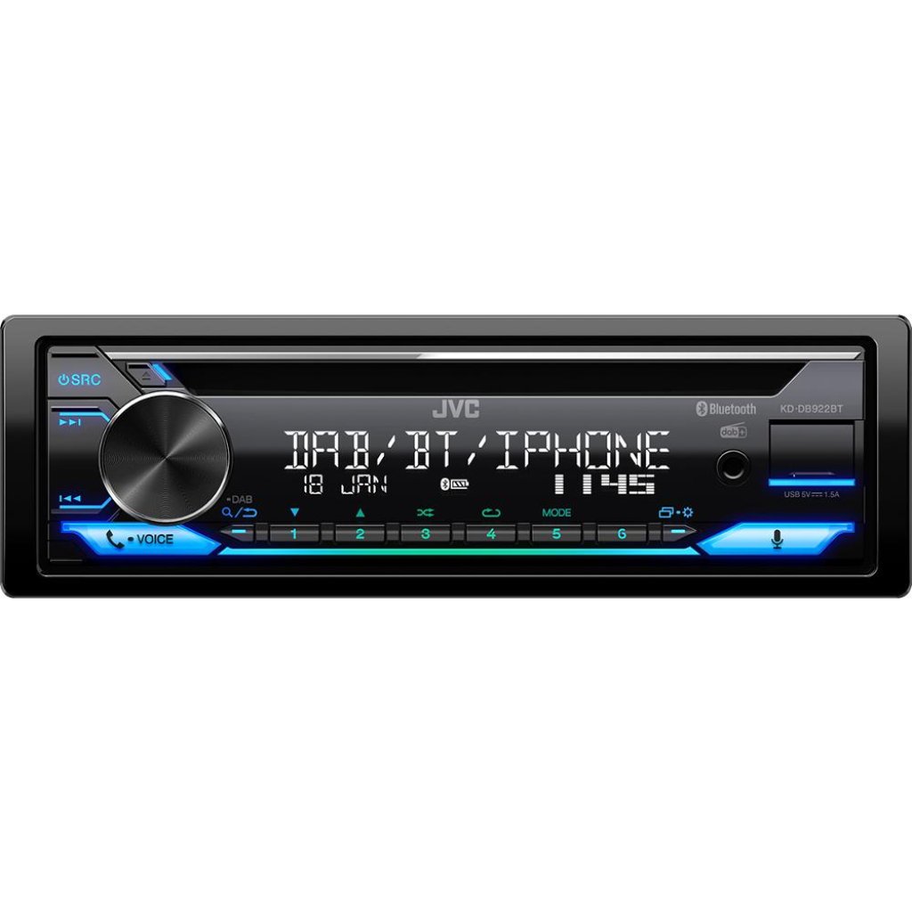 JVC DAB+ / FM autorádio s CD/Bluetooth/USB/AUX/odním.panel/multicolor