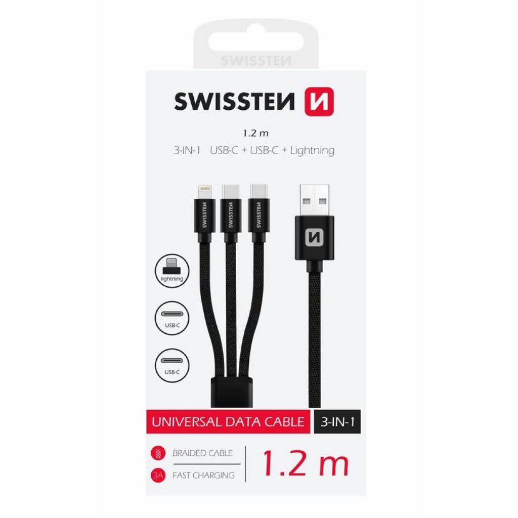 Kabel textile 3v1 2x USB-C, 1x Lightning, 1,2 m, SWISSTEN černý, 48154