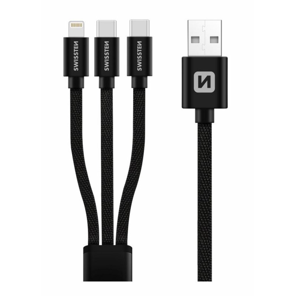 Kabel textile 3v1 2x USB-C, 1x Lightning, 1,2 m, SWISSTEN černý, 48154