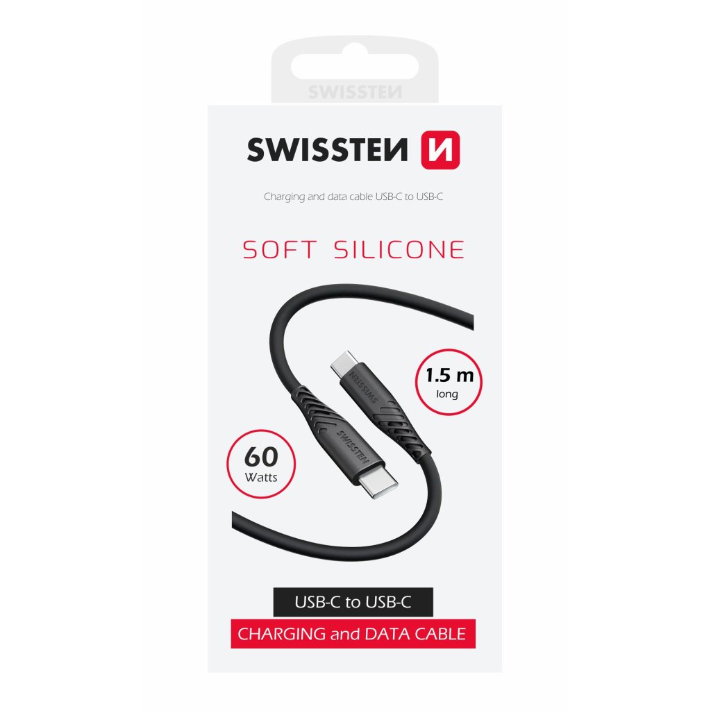Kabel USB-C / USB-C silikonový, 1,2 m, SWISSTEN černý, 48146