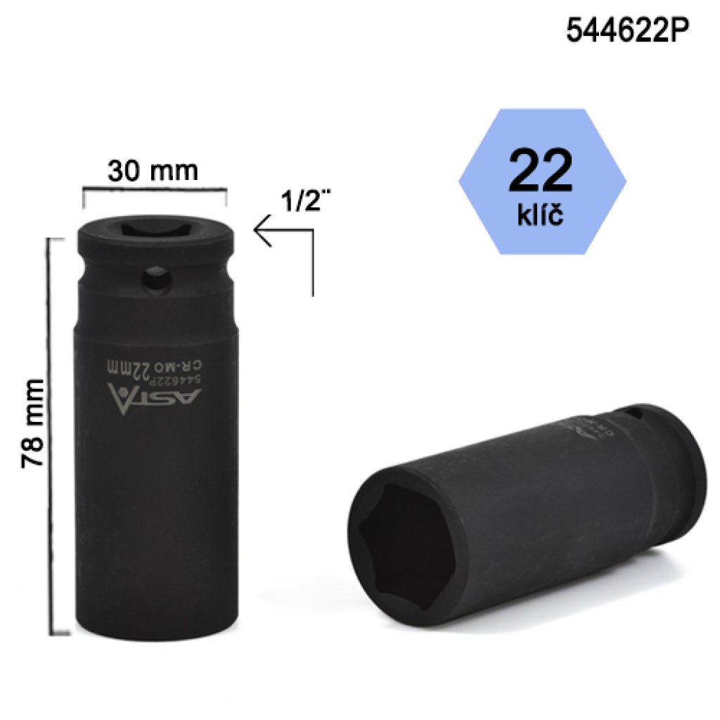 Klíč na kolové šrouby (matice) ASTA 544622P CrMo, hlava klíče 22mm