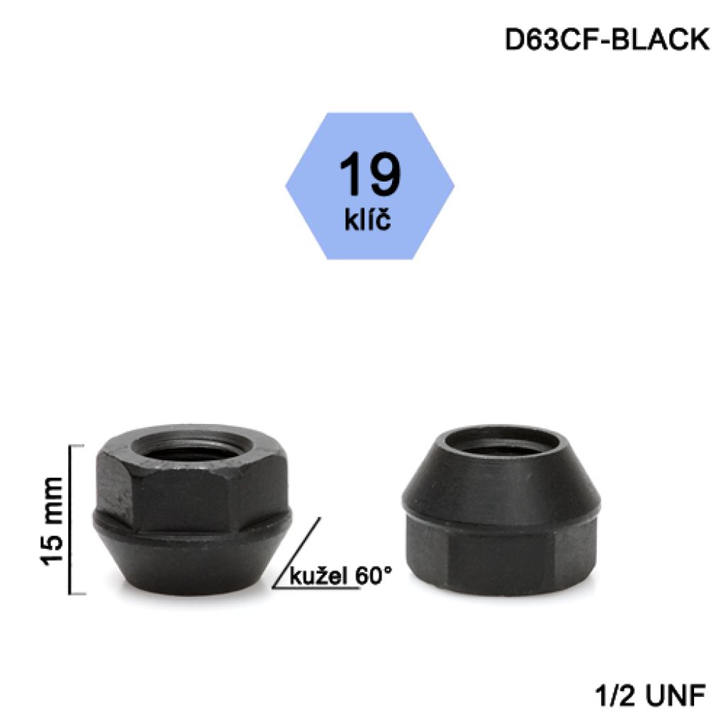 Kolová matice 1/2 UNF kužel otevřená, černá, klíč 19 (D63CF-BLACK) výška 15mm
