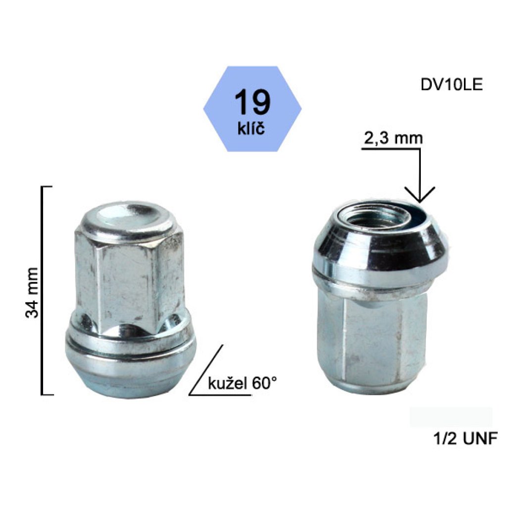 Kolová matice 1/2 UNF kužel plovoucí pro změnu rozteče, klíč 19 (DV10LE) výška 34mm