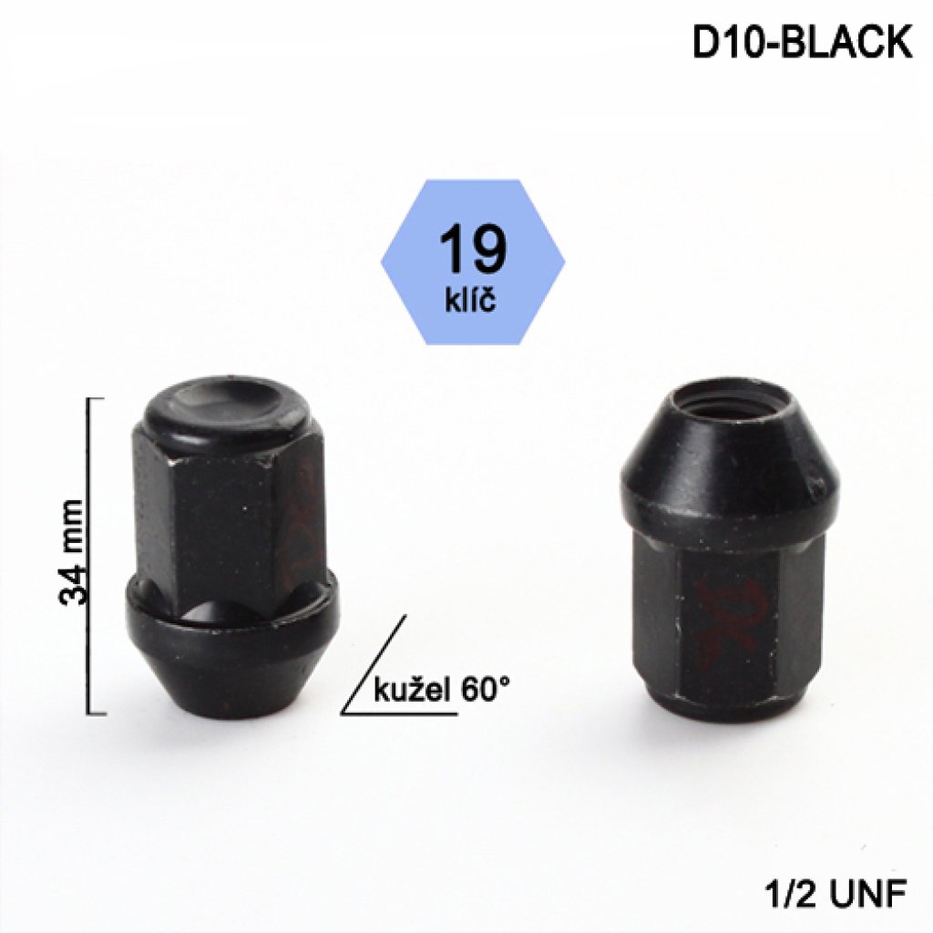 Kolová matice 1/2 UNF kužel zavřená, černá, klíč 19mm (D10-BLACK) výška 34mm