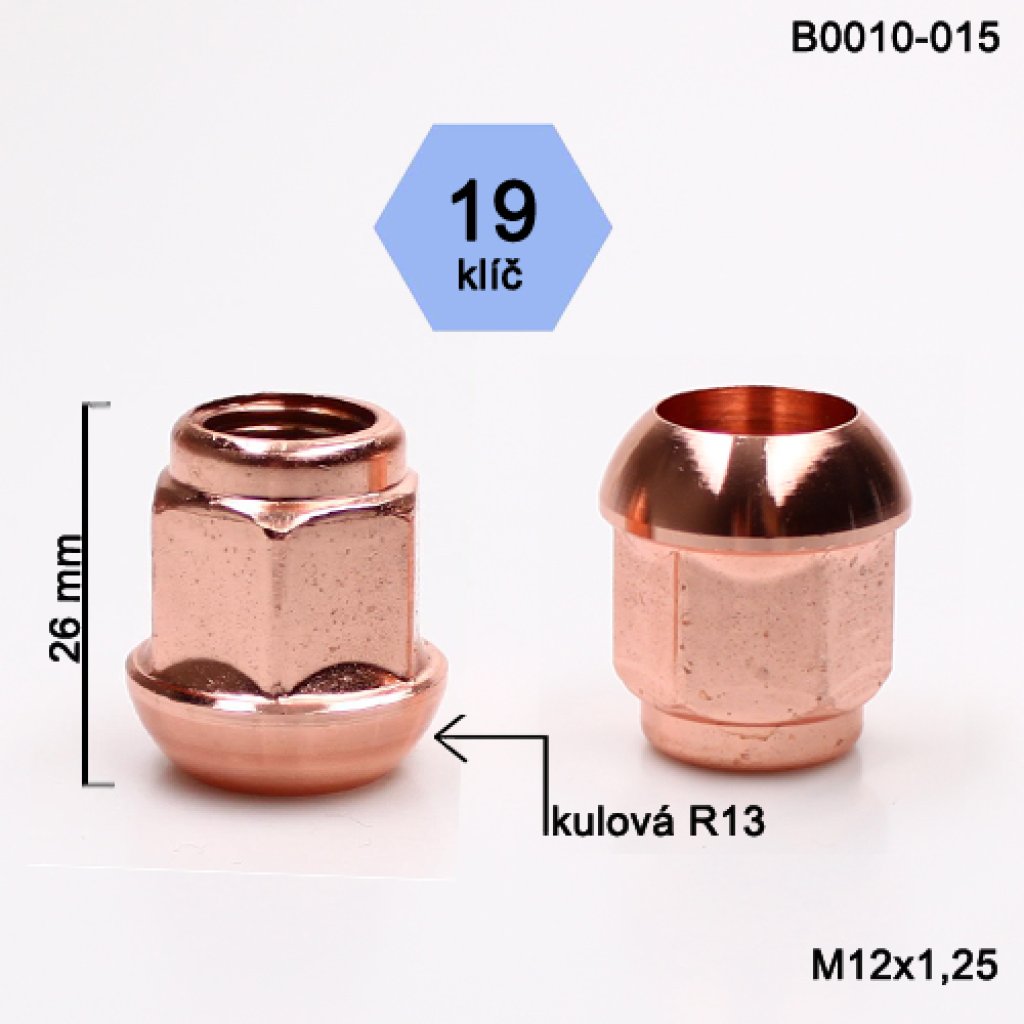 Kolová matice M12x1,25 kulová R13 otevřená poměděná, klíč 19 (B0010-015) výška 26mm