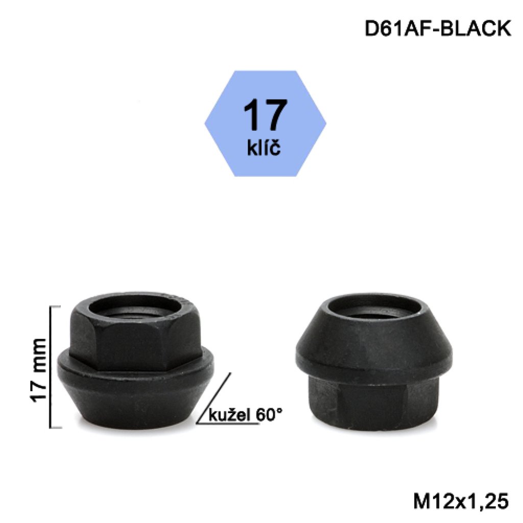 Kolová matice M12x1,25 kužel otevřená, černá, klíč 17 (D61AF-BLACK) výška 17mm