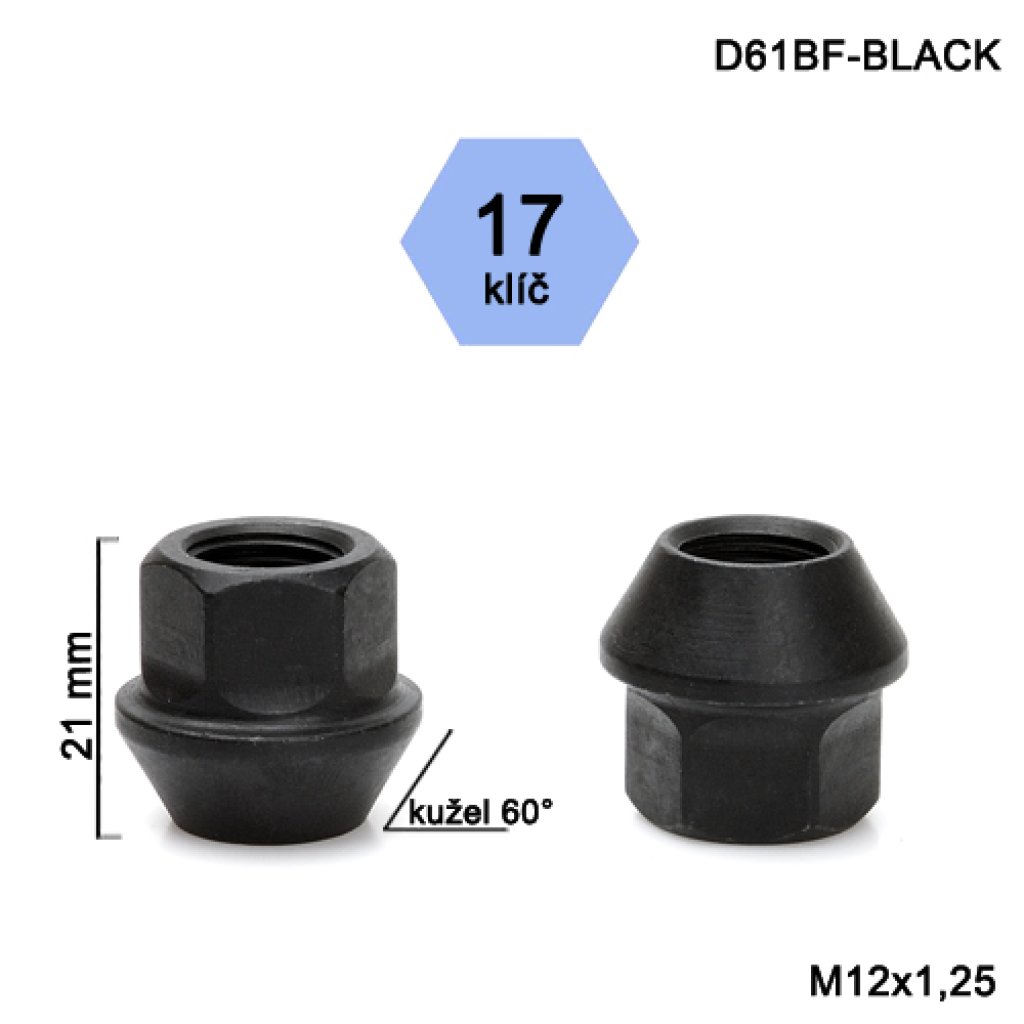 Kolová matice M12x1,25 kužel otevřená, černá, klíč 17 (D61BF-BLACK) výška 21mm