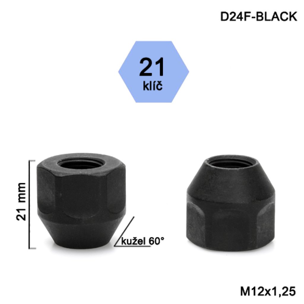 Kolová matice M12x1,25 kužel otevřená, černá, klíč 21 (D24F-BLACK) výška 21mm