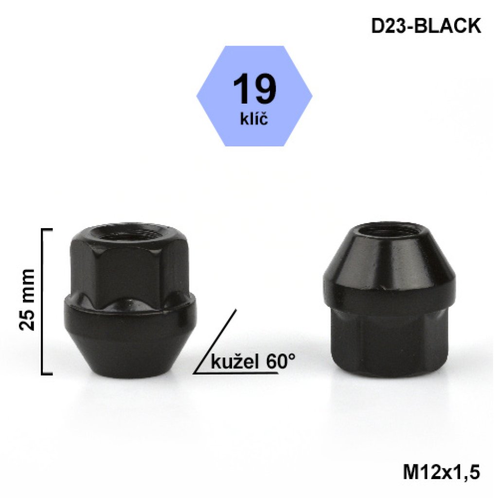 Kolová matice M12x1,25 kužel otevřená, klíč 19 (D23-BLACK) výška 25mm