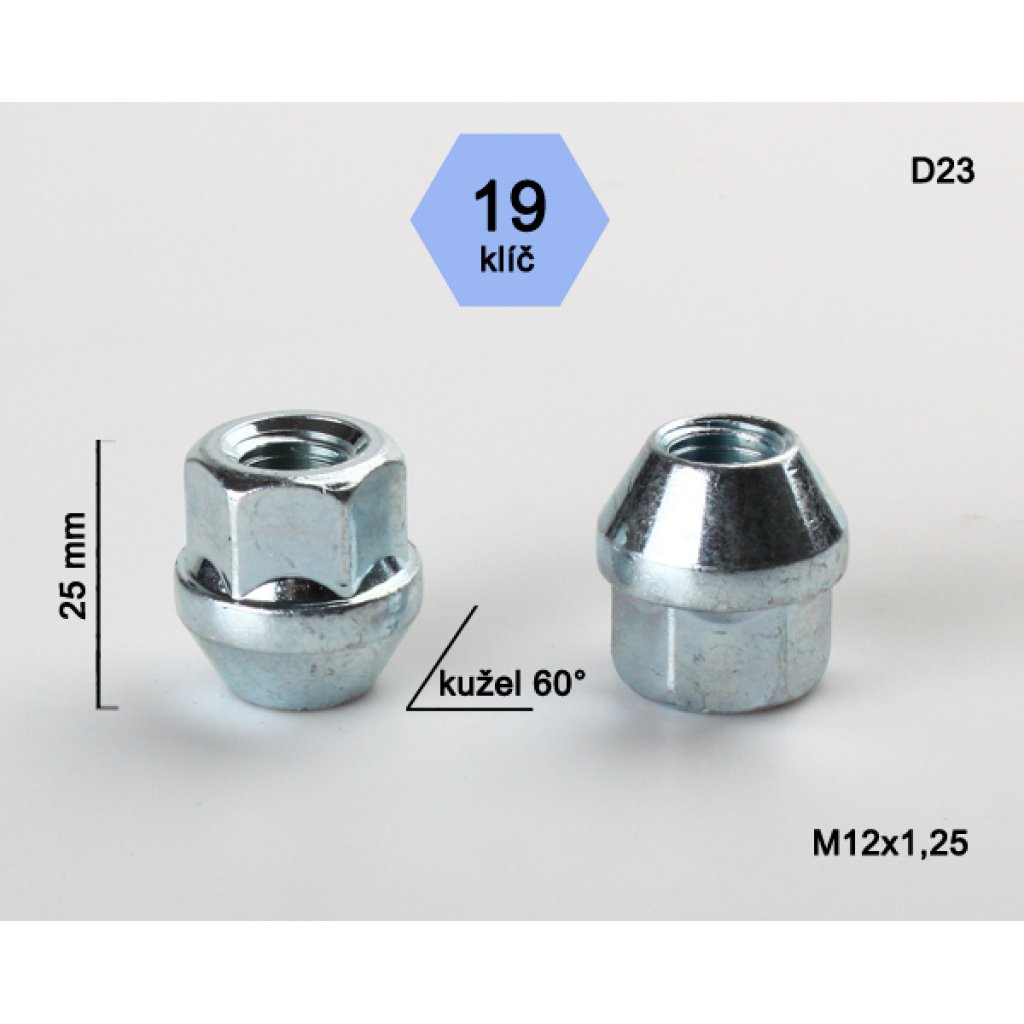 Kolová matice M12x1,25 kužel otevřená, klíč 19 (D23) výška 25mm