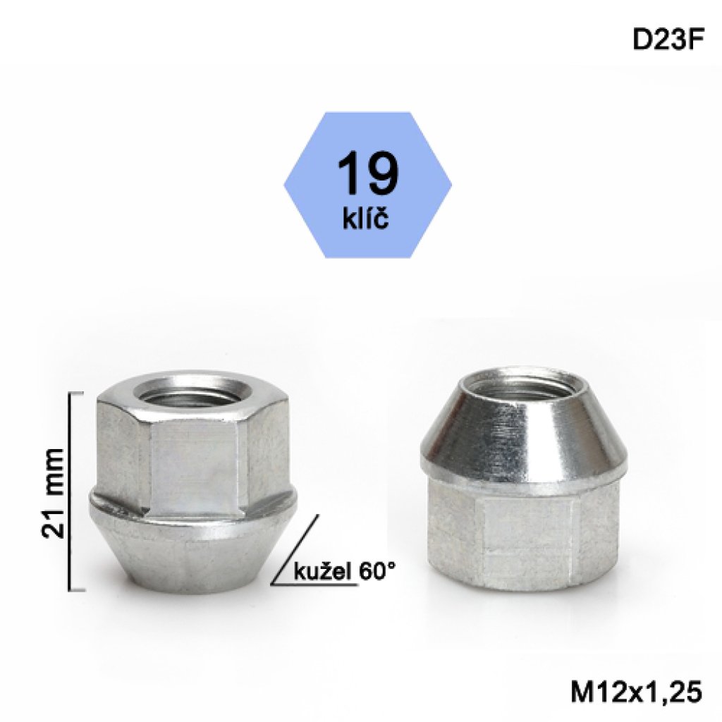 Kolová matice M12x1,25 kužel otevřená, klíč 19 (D23F) výška 21mm