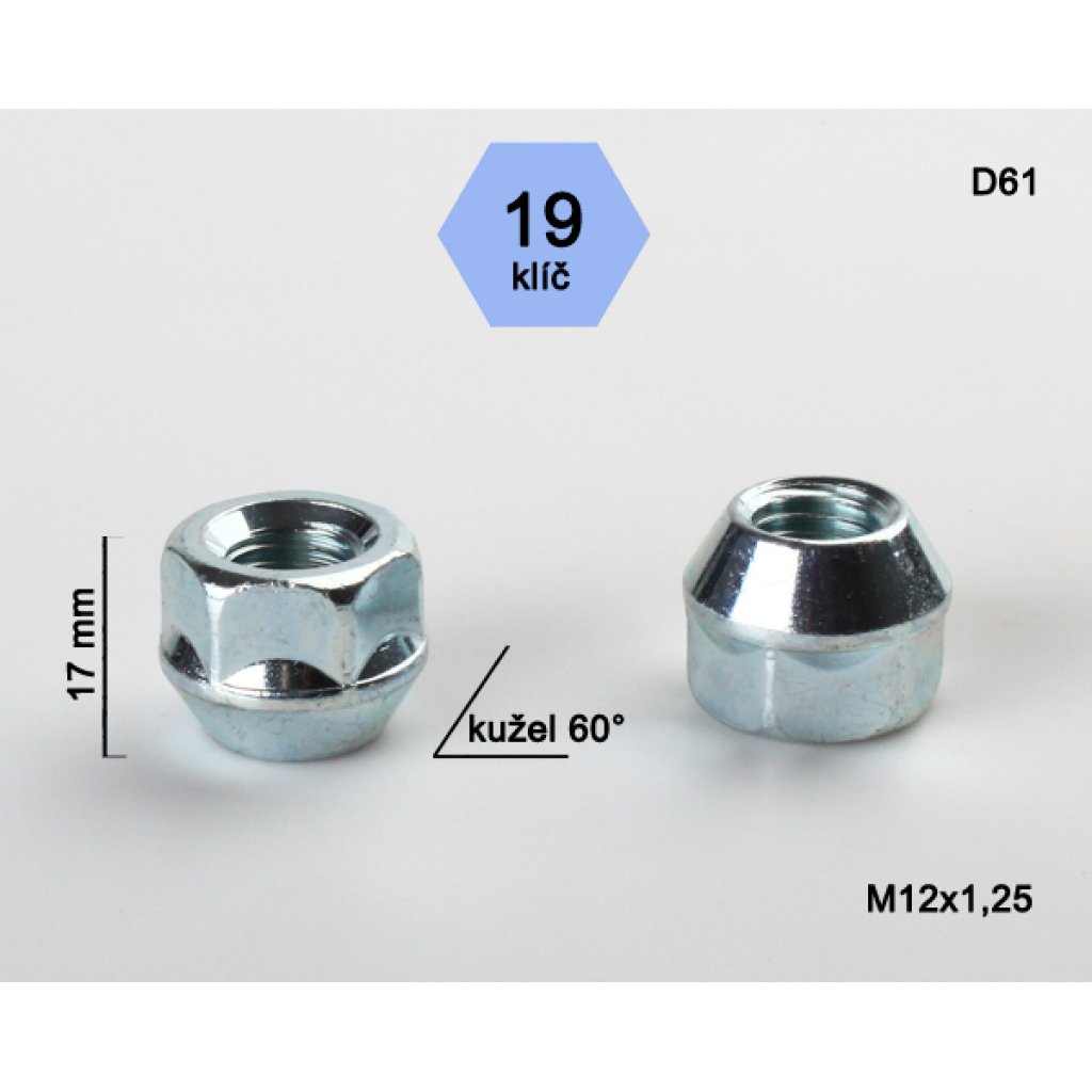 Kolová matice M12x1,25 kužel otevřená, klíč 19 (D61) výška 17mm