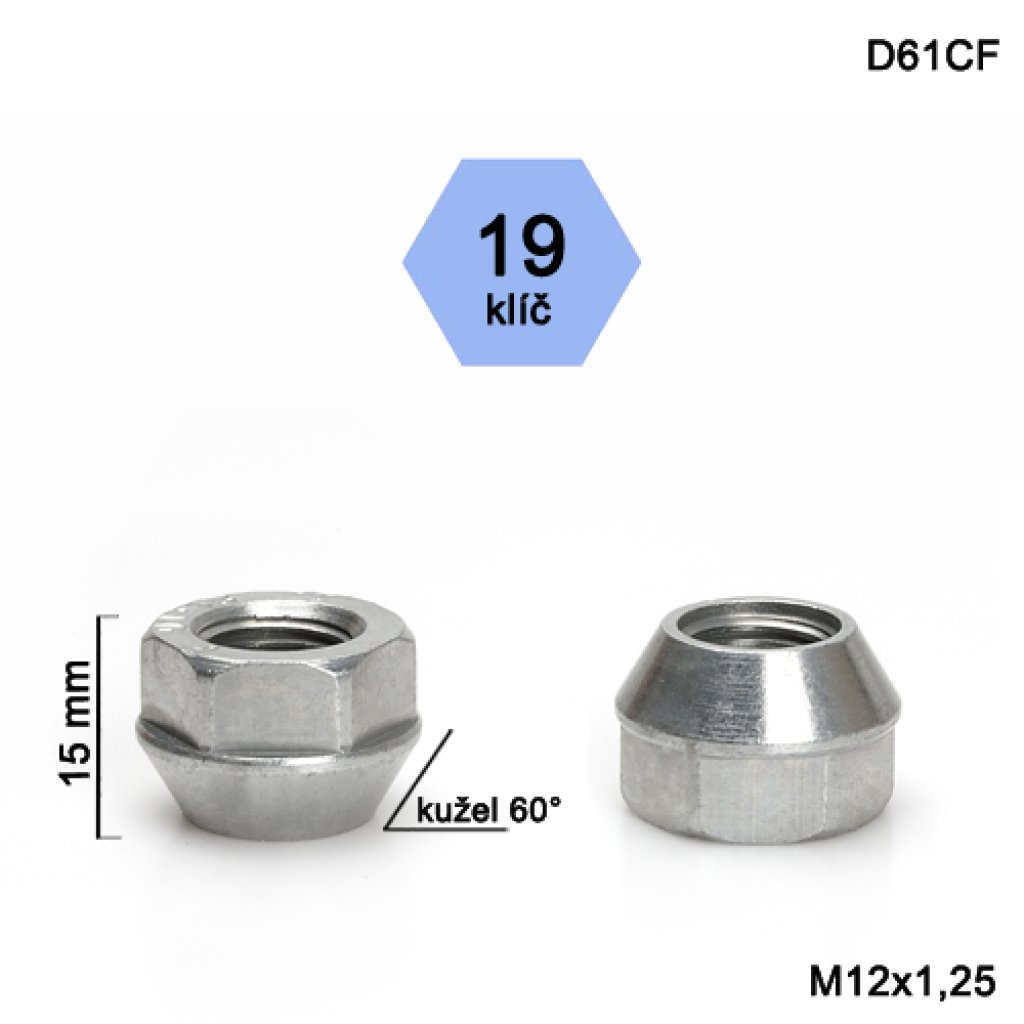 Kolová matice M12x1,25 kužel otevřená, klíč 19 (D61CF) výška 15mm