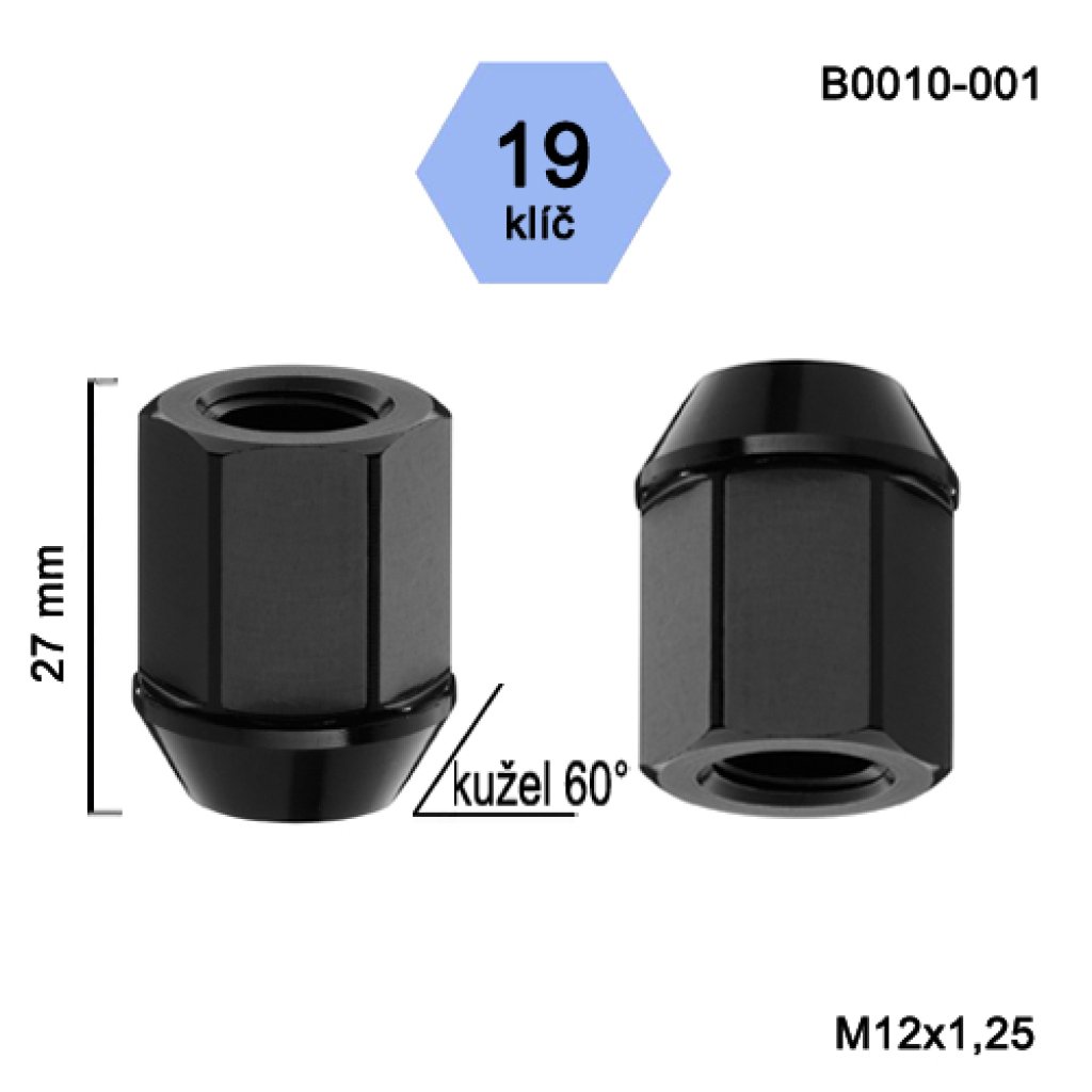Kolová matice M12x1,25 kužel otevřená odlehčená černá, klíč 19 (B0010-001) výška 27mm