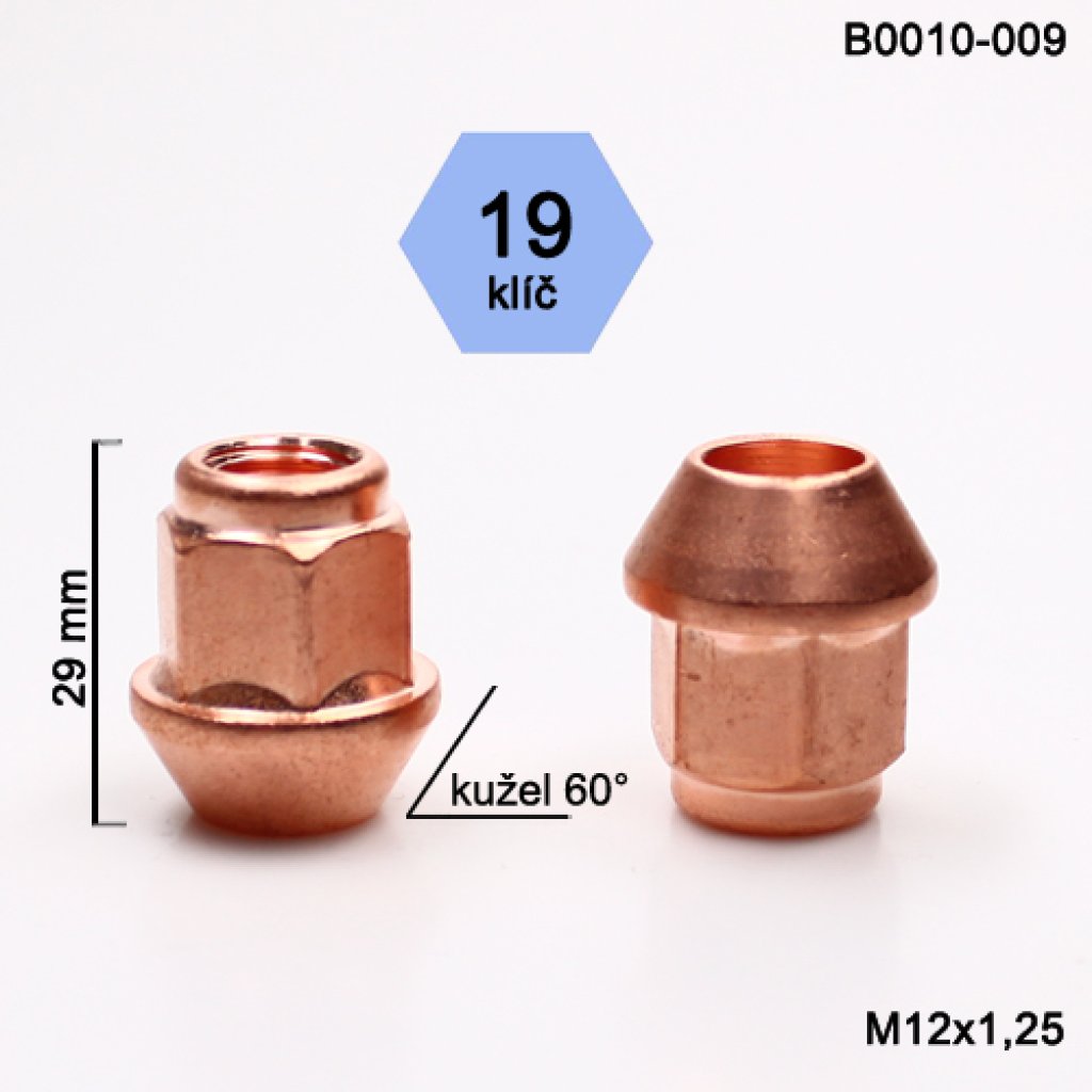 Kolová matice M12x1,25 kužel otevřená poměděná, klíč19 (B0010-009) výška 29mm