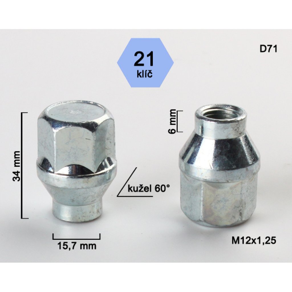 Kolová matice M12x1,25 kužel s krčkem 15,7 zavřená, klíč 21 (D71) výška 34, délka krčku 6