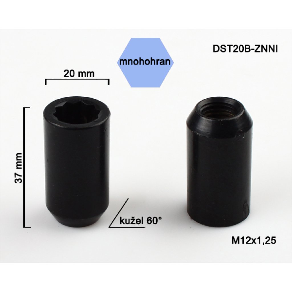 Kolová matice M12x1,25 kužel s vnitřním mnohohranem (DST20B-BLACK) výška 37mm, hlava 20mm