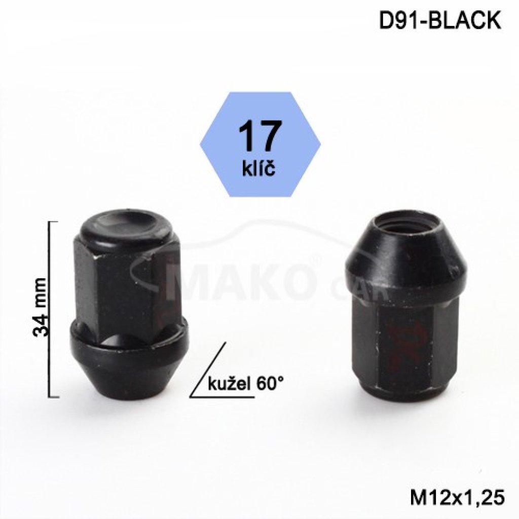 Kolová matice M12x1,25 kužel zavřená,černá, klíč 17 (D91-BLACK)(RA2D15/S BLK) výška 33mm