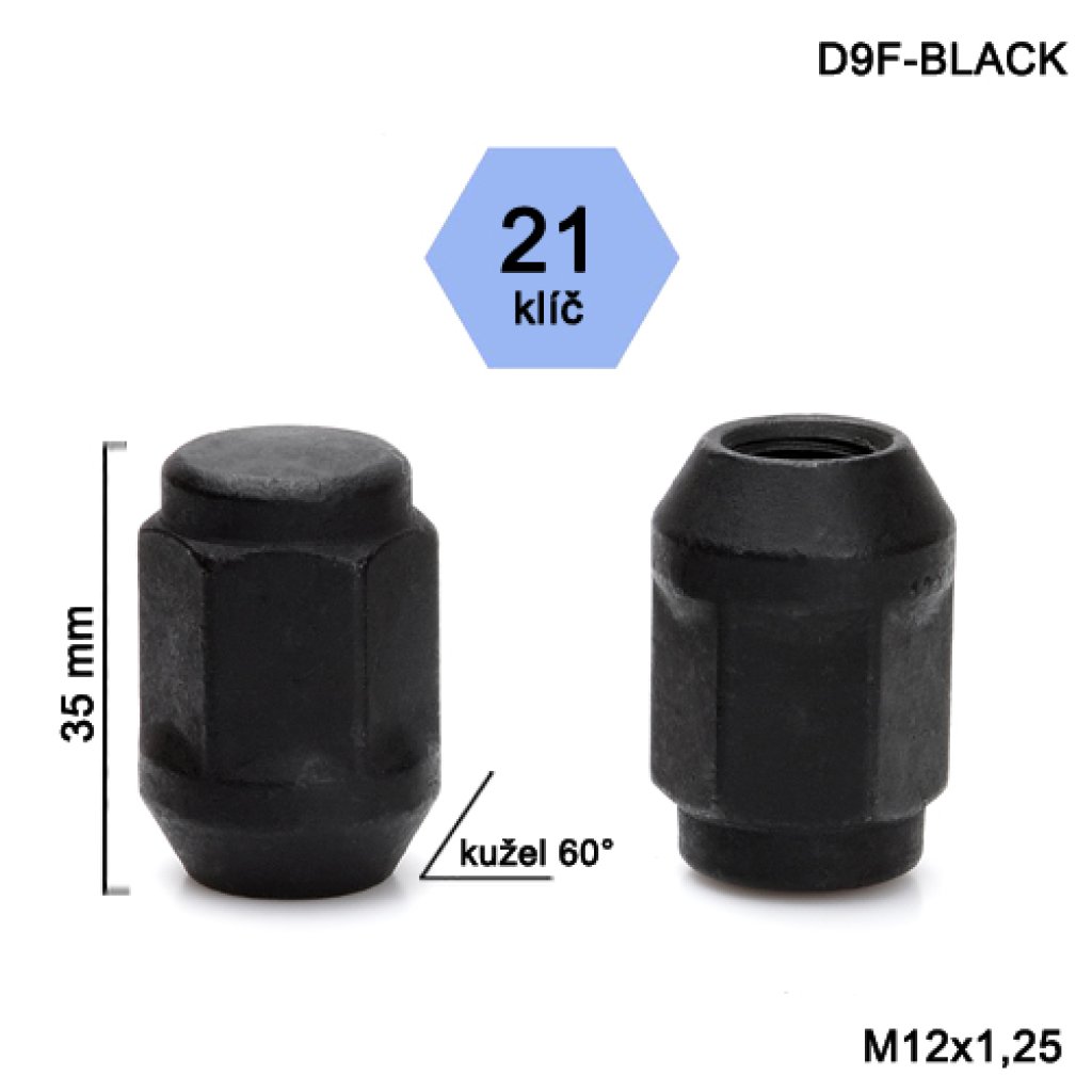 Kolová matice M12x1,25 kužel zavřená,černá, klíč 21 (D9F-BLACK)(R1D14/S BLK) ) výška 35mm